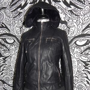 Black pleather detachable hood jacket with fur